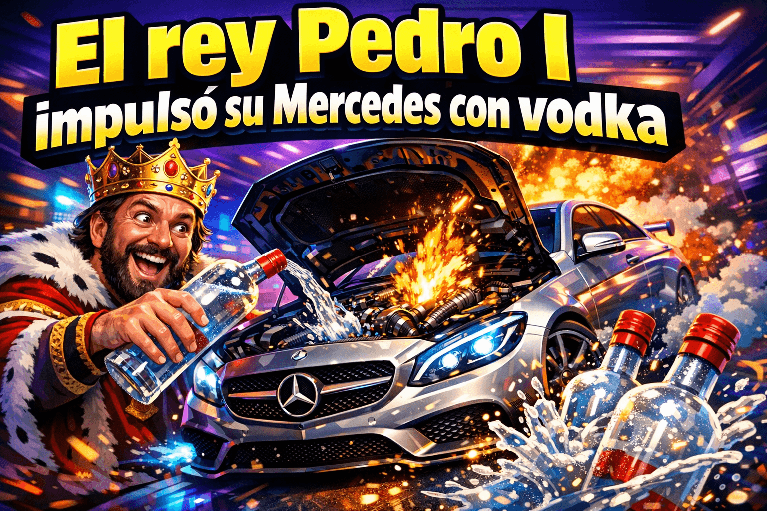 Imagen generada con IA para el artículo Sorprendente: Rey Pedro I movió su Mercedes con vodka en guerra
