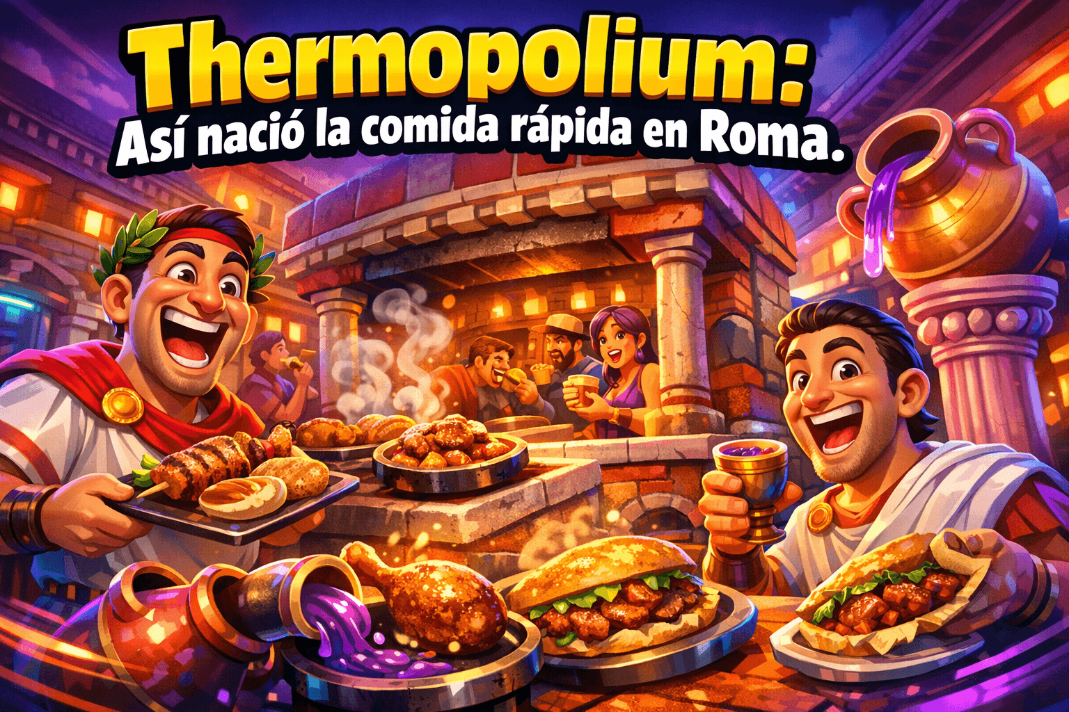Imagen generada con IA para el artículo Thermopolium: El Sorprendente Origen de la Comida Rápida en Roma Antigua