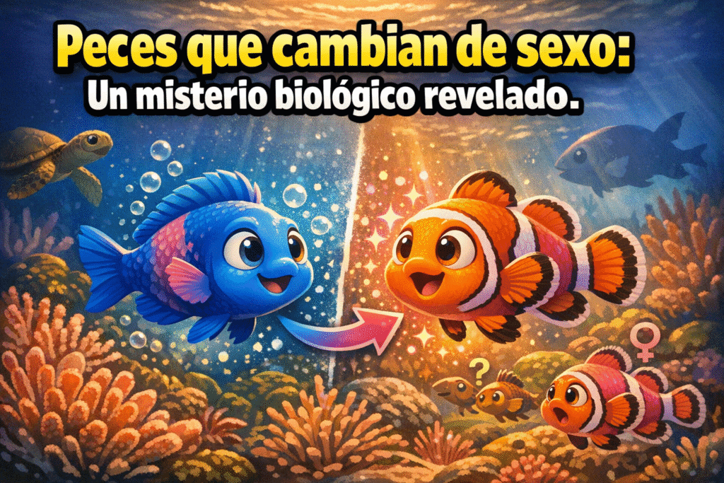Peces que cambian de sexo: Hermafroditismo secuencial revelado 1 Imagen generada con IA para el artículo Peces que cambian de sexo: Hermafroditismo secuencial revelado