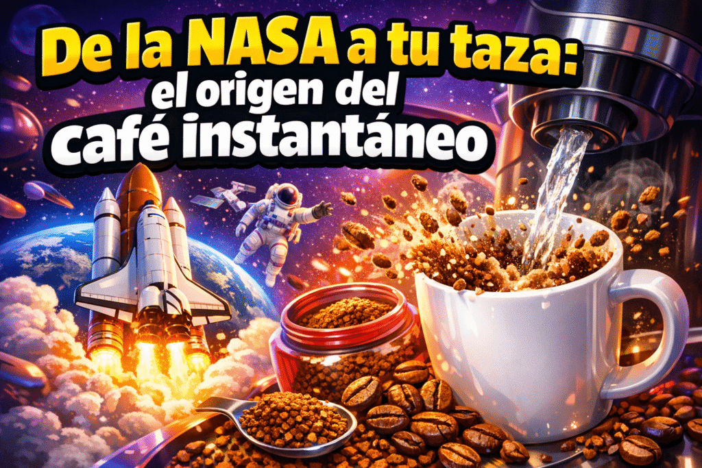 Imagen generada con IA para el artículo Liofilización de NASA: la comida espacial que creó tu café instantáneo