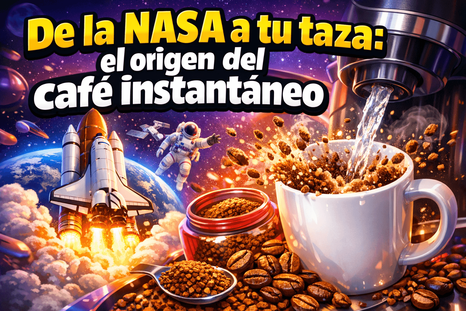 Imagen generada con IA para el artículo Liofilización de NASA: la comida espacial que creó tu café instantáneo