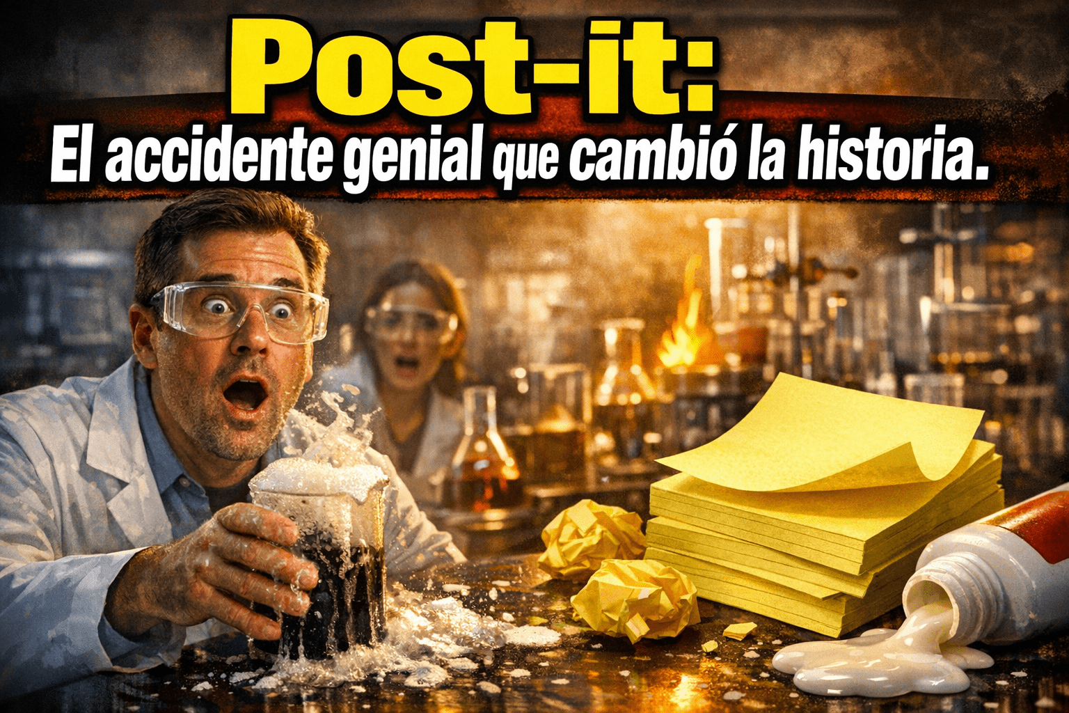 Imagen generada con IA para el artículo La Increíble Historia del Post-it: Silver, Fry y la Serendipia de 3M