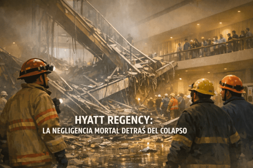 Imagen generada con IA para el artículo Hyatt Regency: Impactante Colapso de Pasarelas por Negligencia en 1981
