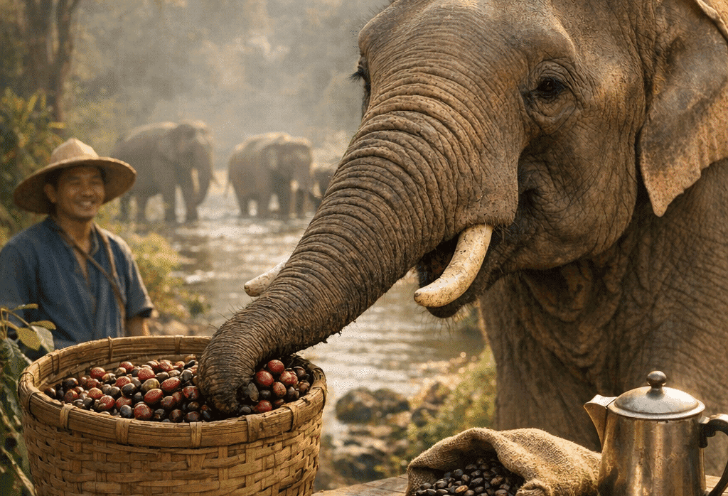 Imagen generada con IA para el artículo Black Ivory Coffee: El café de elefante más caro y único.