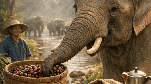 Imagen generada con IA para el artículo Black Ivory Coffee: El café de elefante más caro y único.