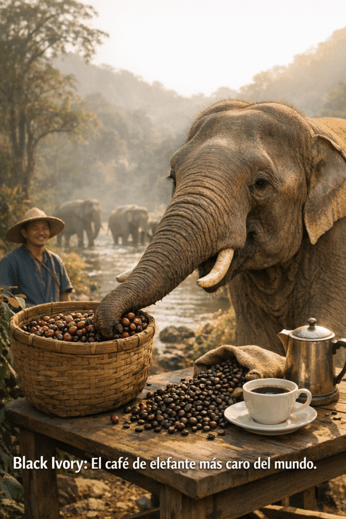 Black Ivory Coffee: El café de elefante más caro y único. 1 Imagen generada con IA para el artículo Black Ivory Coffee: El café de elefante más caro y único.