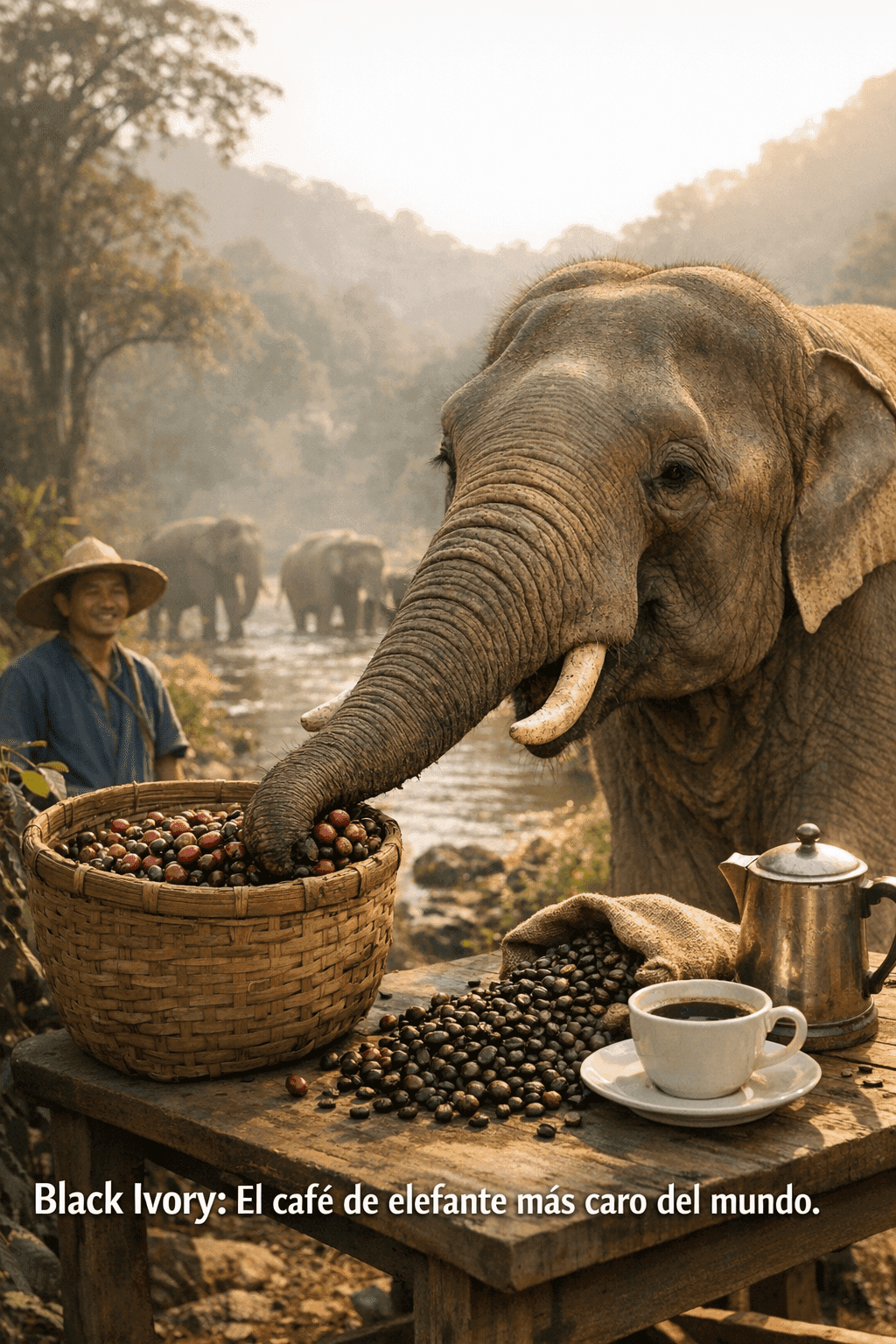 Imagen generada con IA para el artículo Black Ivory Coffee: El café de elefante más caro y único.