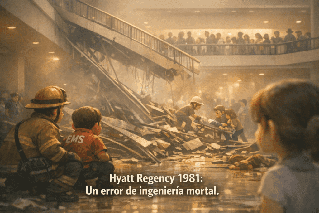 Imagen generada con IA para el artículo Desastre Hyatt Regency Kansas City: El Fatal Fallo de Ingeniería de 1981