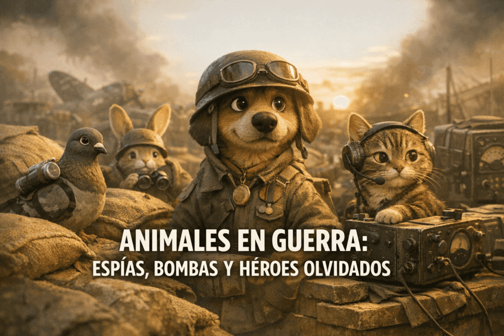 Imagen generada con IA para el artículo Animales en Guerra: Espías, Bombas y Héroes. Historias Únicas