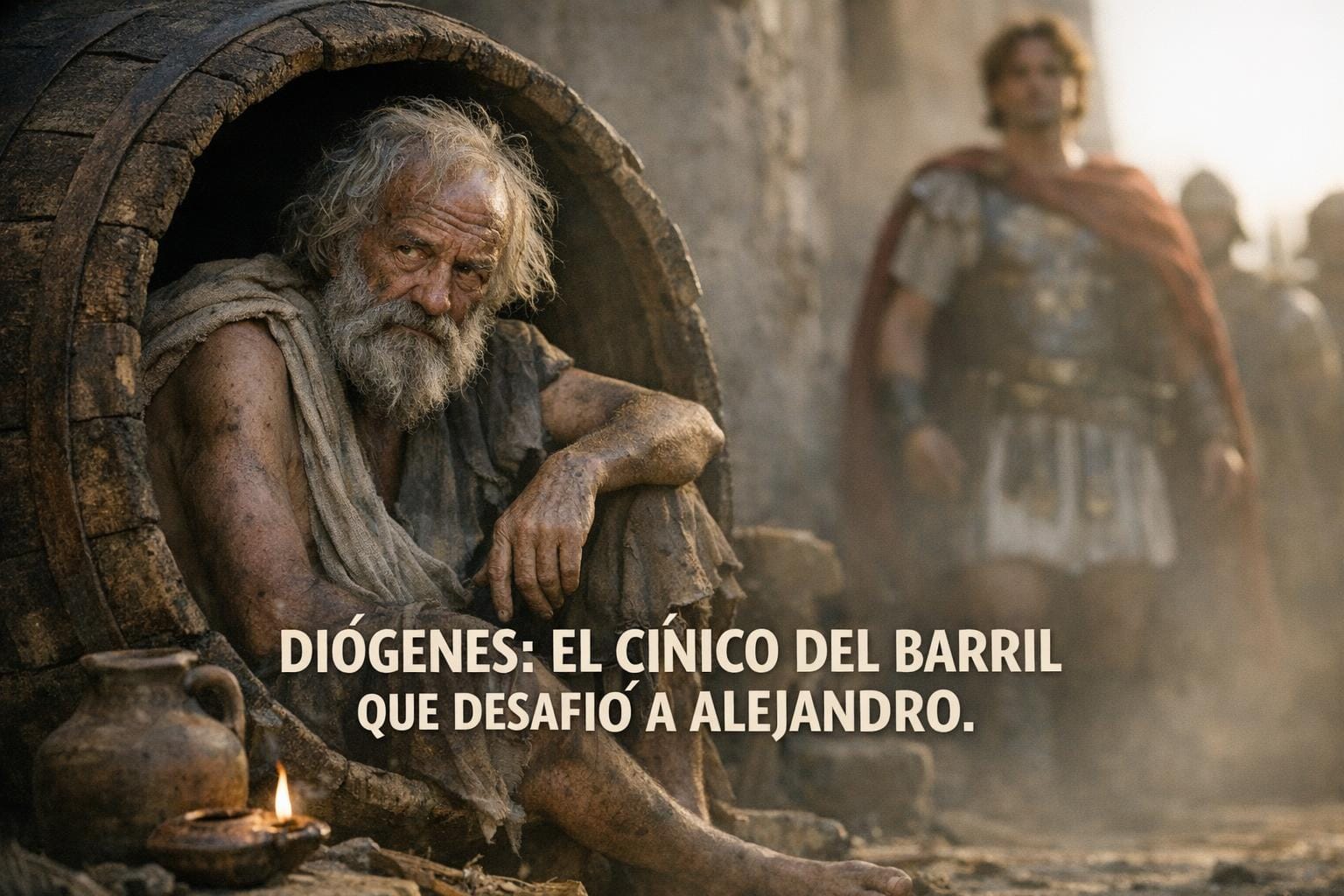 Imagen generada con IA para el artículo Diógenes y Alejandro: La Fascinante Lección del Cínico del Barril