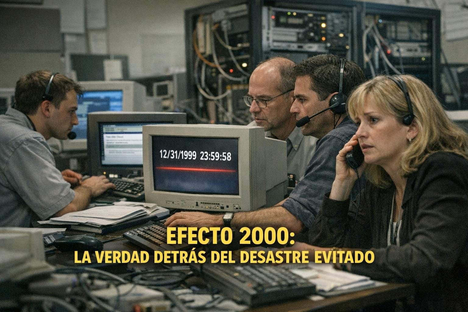 Imagen generada con IA para el artículo Efecto 2000: La Verdad del Pánico Global del Y2K y el Desastre Evitado
