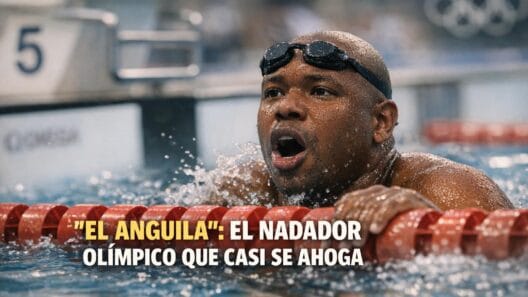 Imagen generada con IA para el artículo Eric Moussambani "El Anguila": Nadador olímpico que casi se ahoga en Sídney 2000.