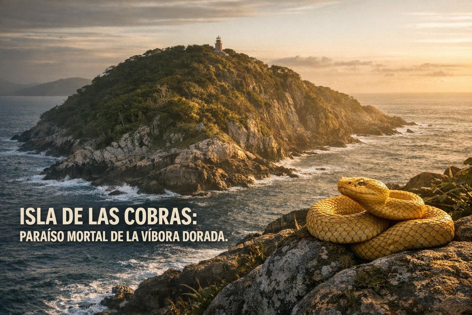 Imagen generada con IA para el artículo Isla de las Cobras: El Paraíso Mortal de la Víbora Dorada en Brasil