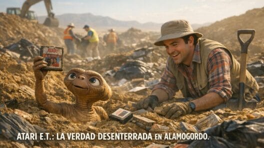 Imagen generada con IA para el artículo Atari E.T.: La Verdad Revelada de los Cartuchos Enterrados en Alamogordo
