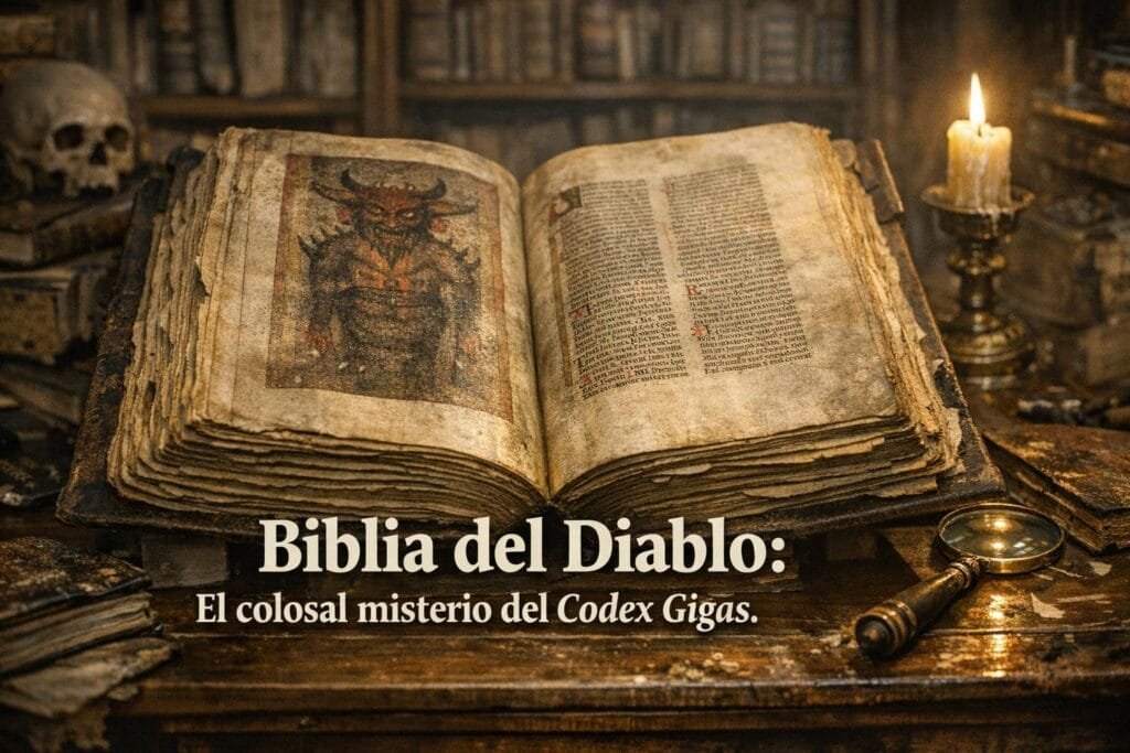 Imagen generada con IA para el artículo Codex Gigas: La Biblia del Diablo, el Colosal Libro de Misterios