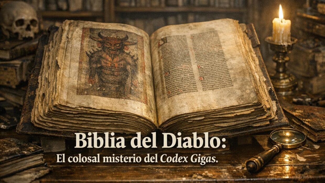 Imagen generada con IA para el artículo Codex Gigas: La Biblia del Diablo, el Colosal Libro de Misterios