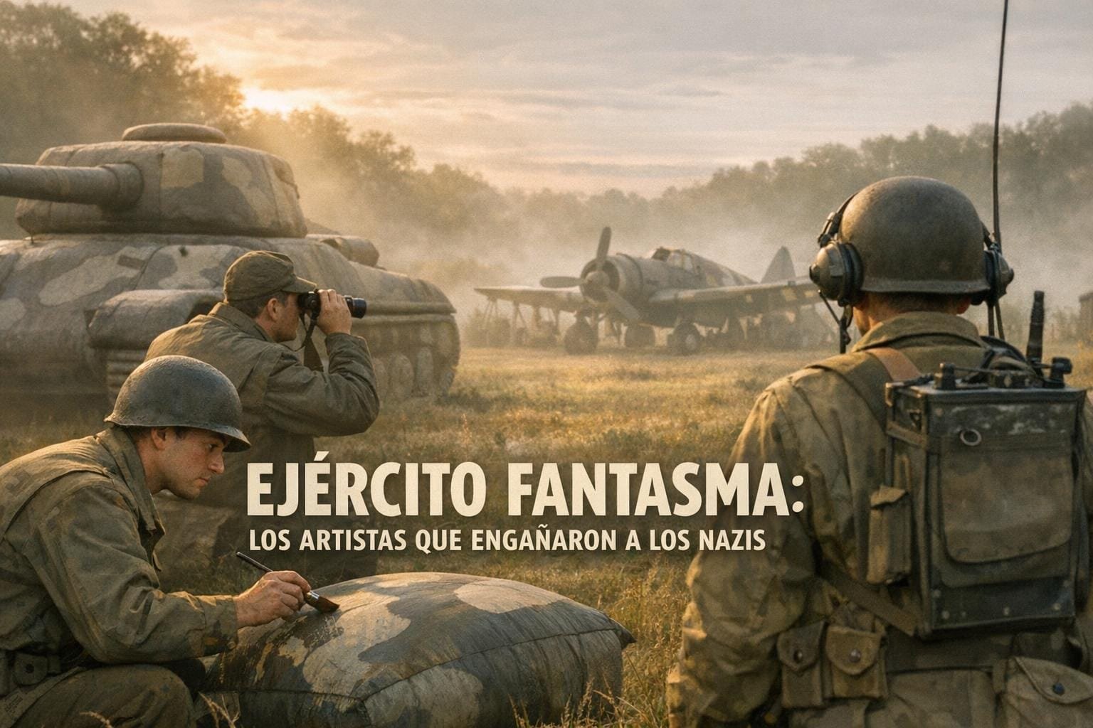Imagen generada con IA para el artículo El Fascinante Ejército Fantasma: Artistas del Engaño en la II GM