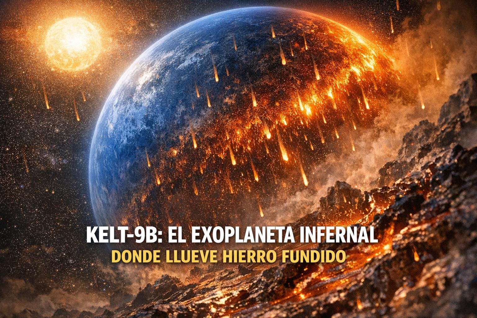Imagen generada con IA para el artículo Kelt-9b: El Exoplaneta Más Caliente con Lluvia de Hierro Fundido