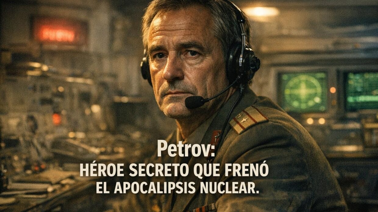 Imagen generada con IA para el artículo Stanislav Petrov: Héroe Secreto que Evitó la Guerra Nuclear en la Guerra Fría