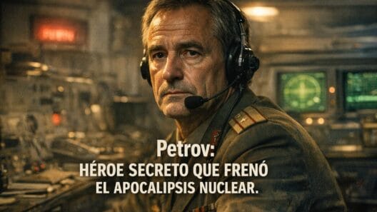 Imagen generada con IA para el artículo Stanislav Petrov: Héroe Secreto que Evitó la Guerra Nuclear en la Guerra Fría