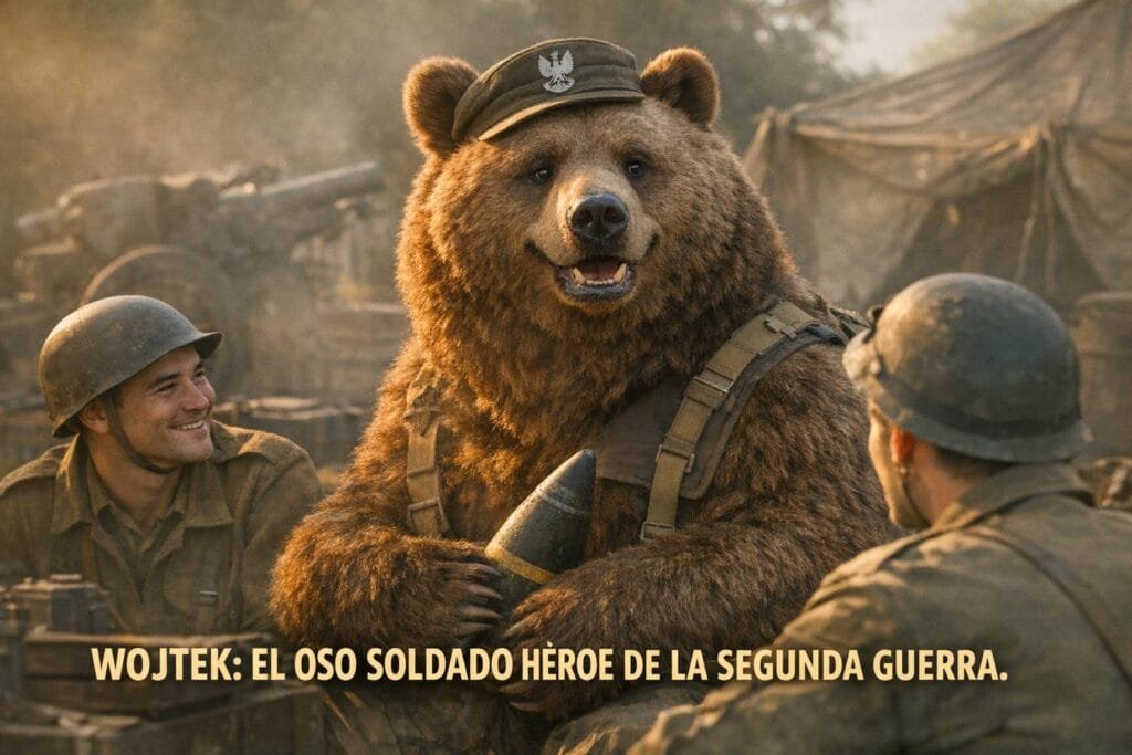 Imagen generada con IA para el artículo Wojtek: El Oso Soldado Héroe de Montecassino y la II Guerra Mundial