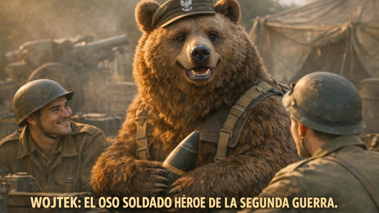 Imagen generada con IA para el artículo Wojtek: El Oso Soldado Héroe de Montecassino y la II Guerra Mundial