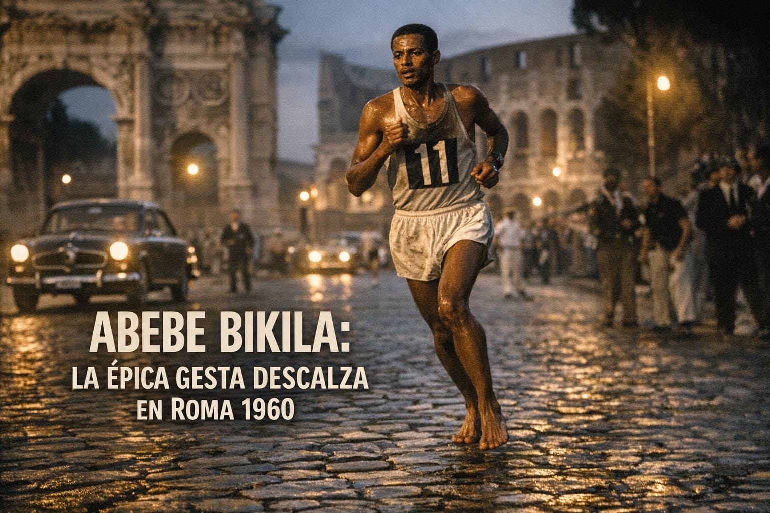 Imagen generada con IA para el artículo Abebe Bikila: Maratón Descalzo. La Increíble Gestá en Roma 1960