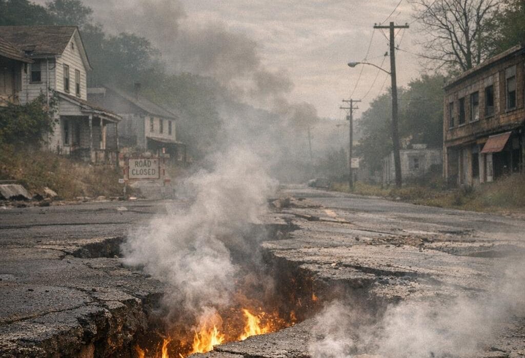 Imagen generada con IA para el artículo Catástrofe Centralia: El pueblo fantasma que arde sin fin