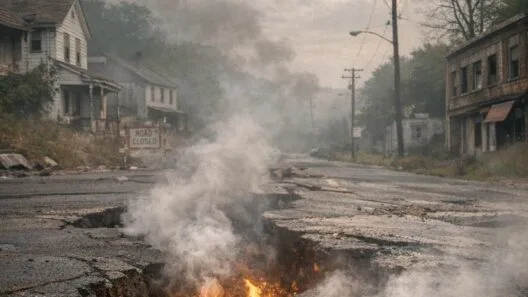 Imagen generada con IA para el artículo Catástrofe Centralia: El pueblo fantasma que arde sin fin