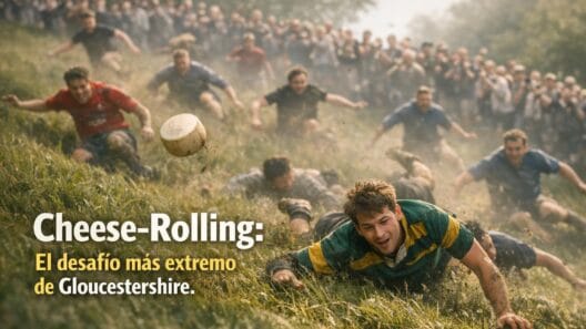 Imagen generada con IA para el artículo Cheese-Rolling Cooper's Hill: Desafío Extremo en Gloucestershire