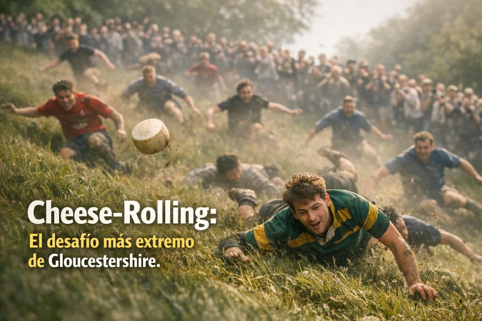 Imagen generada con IA para el artículo Cheese-Rolling Cooper's Hill: Desafío Extremo en Gloucestershire