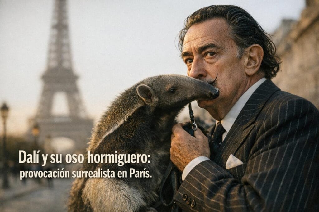 Imagen generada con IA para el artículo Impactante: Dalí y su oso hormiguero, la provocación surrealista en París