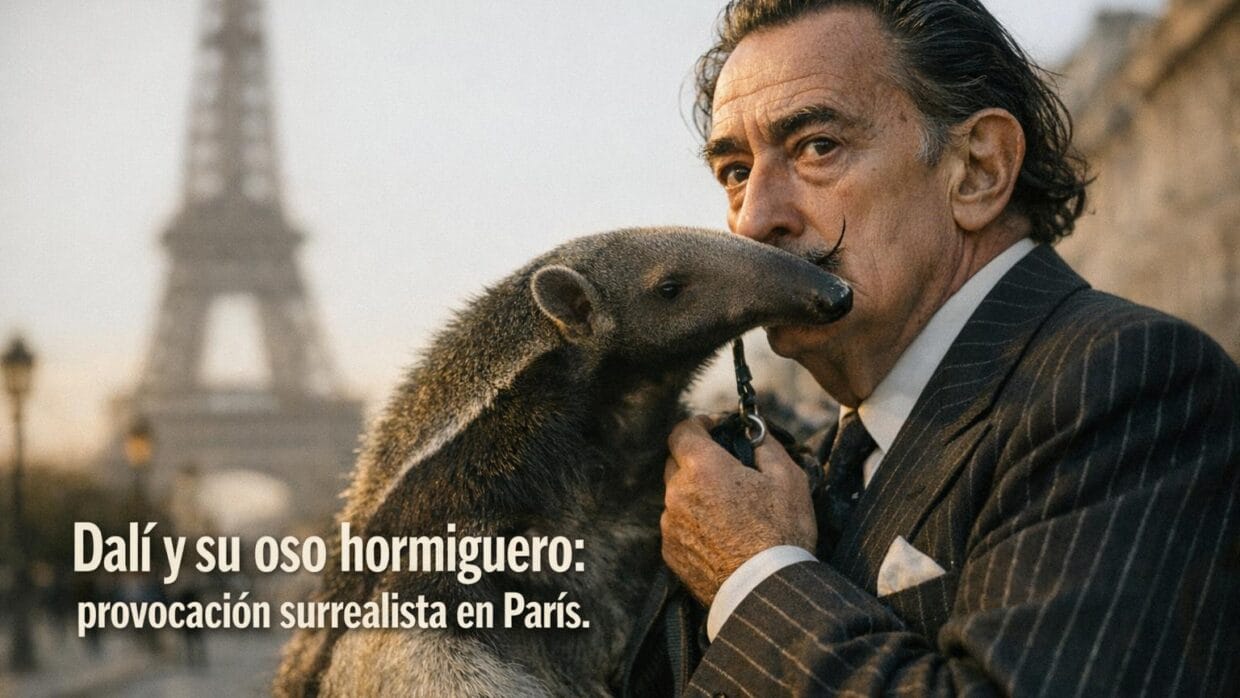 Imagen generada con IA para el artículo Impactante: Dalí y su oso hormiguero, la provocación surrealista en París