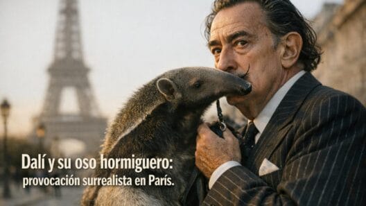 Imagen generada con IA para el artículo Impactante: Dalí y su oso hormiguero, la provocación surrealista en París