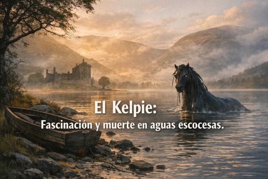 Imagen generada con IA para el artículo El Kelpie: La Fascinante y Mortal Leyenda del Agua Escocesa