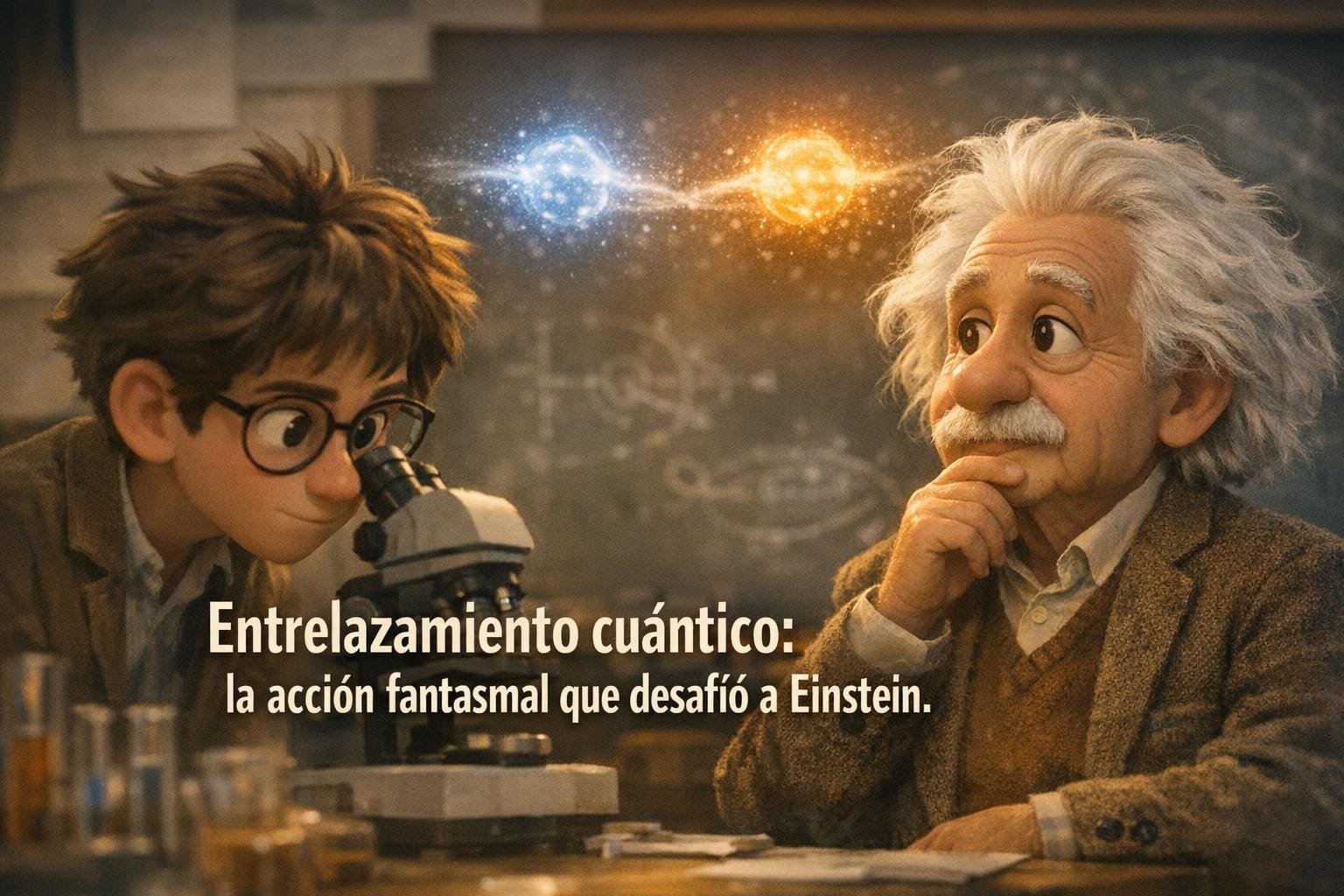 Imagen generada con IA para el artículo Entrelazamiento Cuántico: La Fascinante "Acción Fantasmal" de Einstein