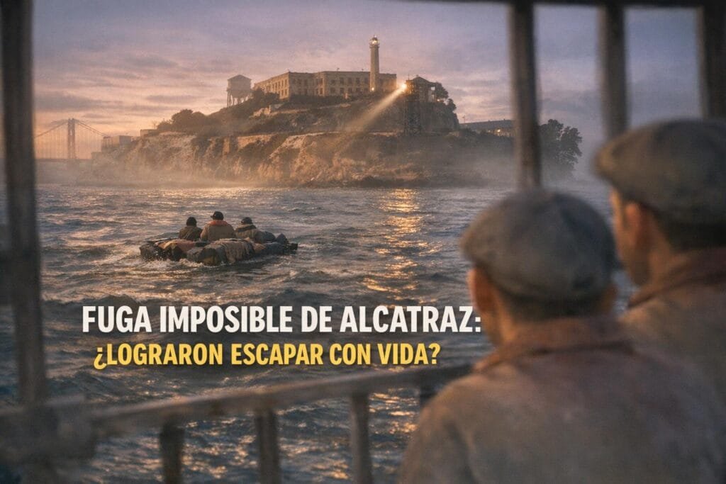 Imagen generada con IA para el artículo Alcatraz: Fuga Audaz de Morris y Anglin. ¿Sobrevivieron?