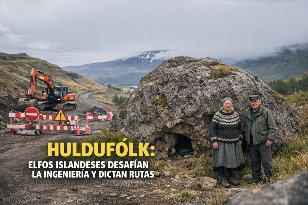 Imagen generada con IA para el artículo Impactante: Huldufólk de Islandia Frena Ingeniería y Dicta Rutas