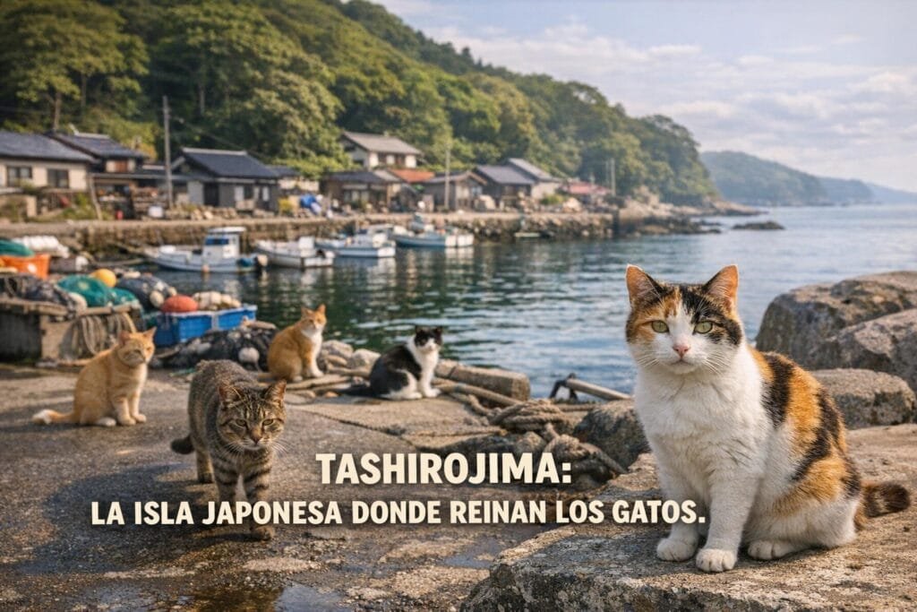 Imagen generada con IA para el artículo Tashirojima: La Fascinante Isla de los Gatos que Reinan en Japón