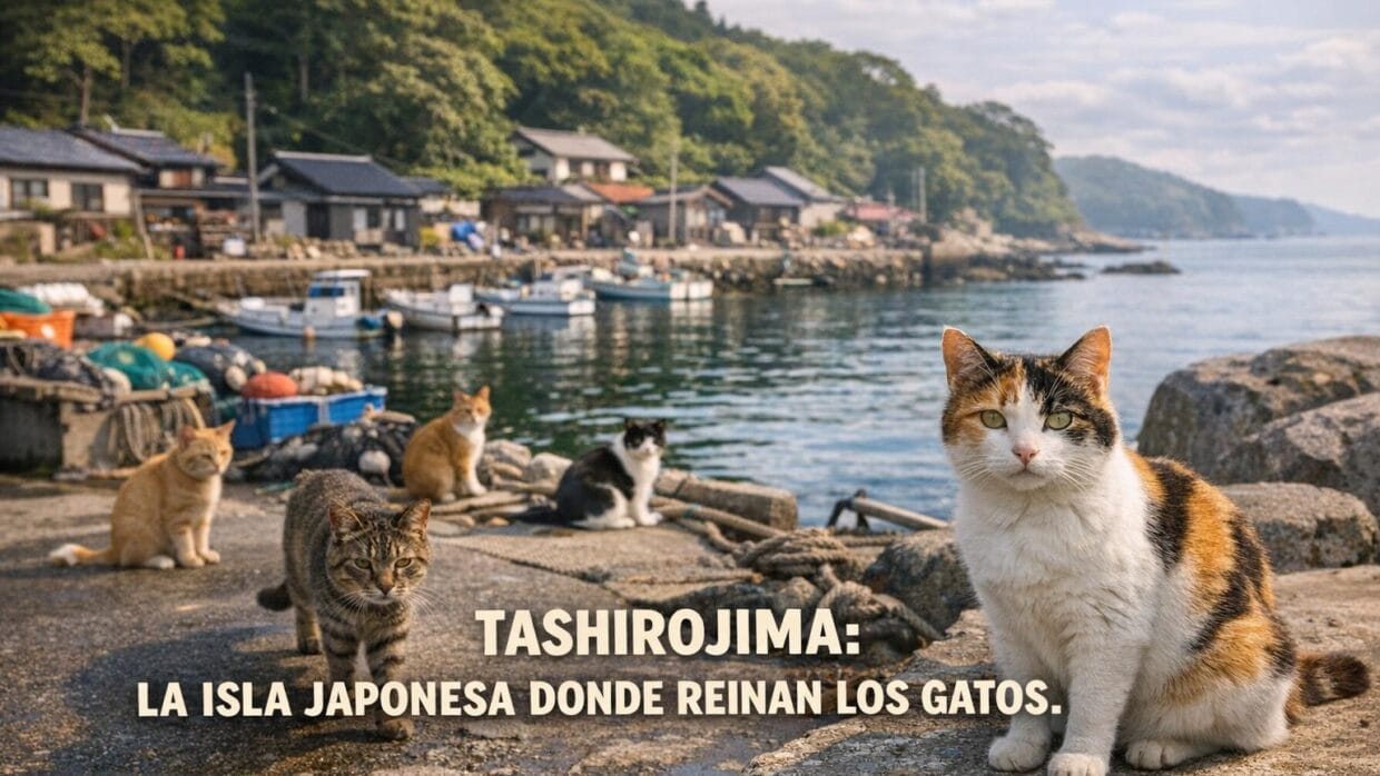 Imagen generada con IA para el artículo Tashirojima: La Fascinante Isla de los Gatos que Reinan en Japón