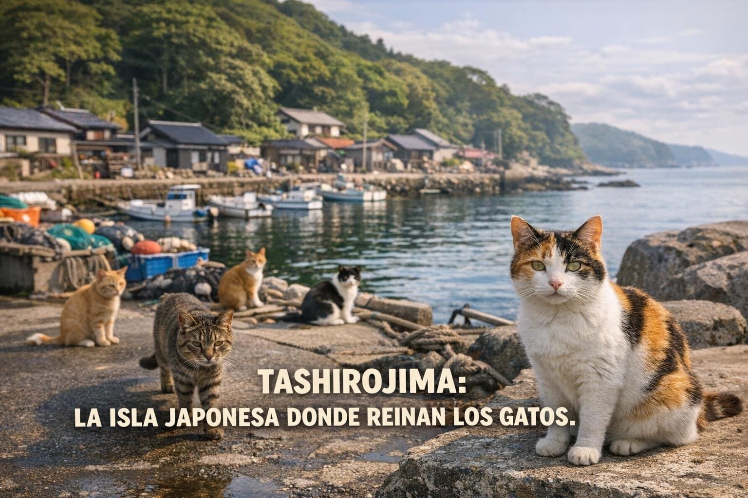 Imagen generada con IA para el artículo Tashirojima: La Fascinante Isla de los Gatos que Reinan en Japón