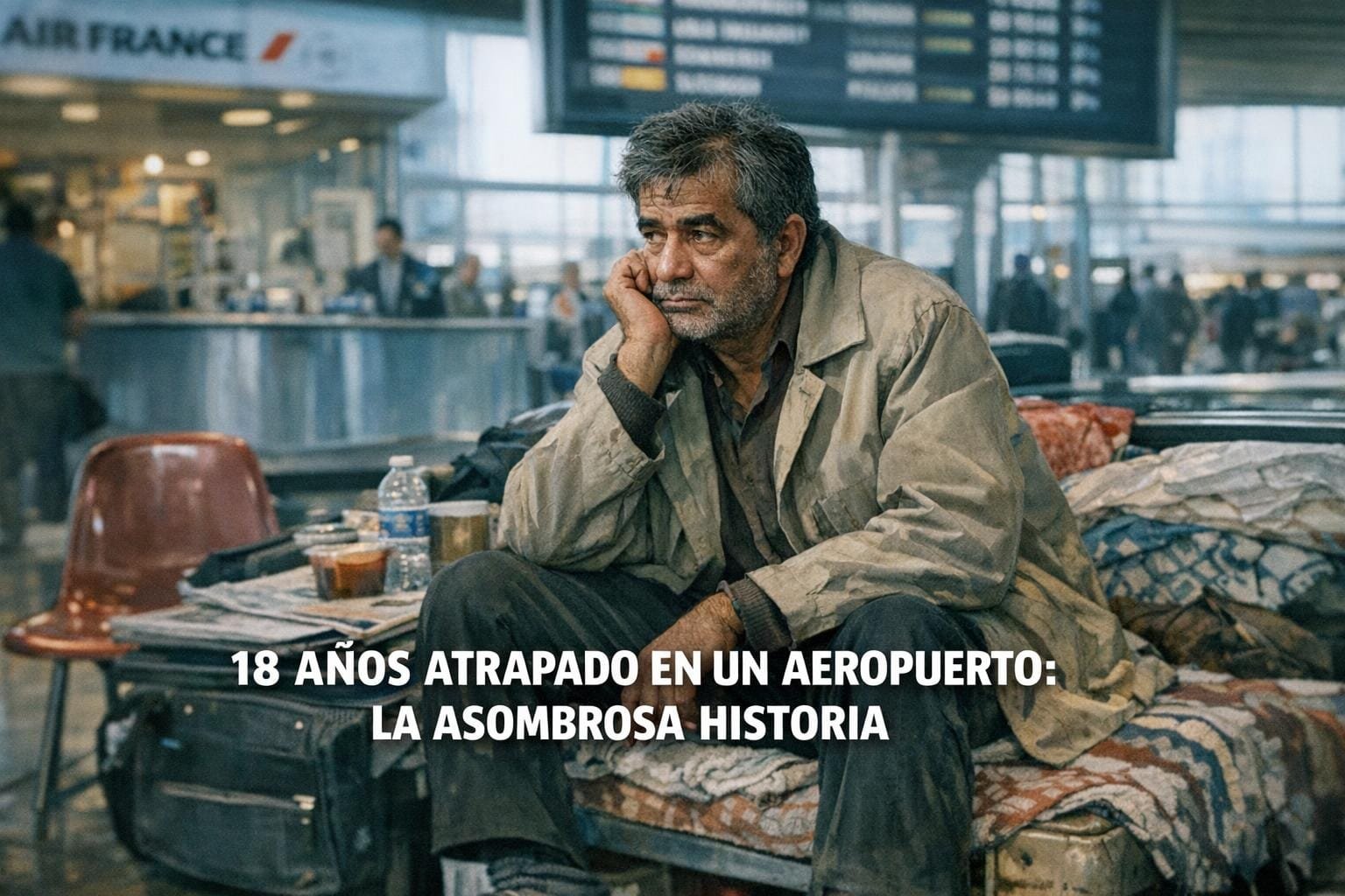 Imagen generada con IA para el artículo Asombrosa Historia: Refugiado Mehran Karimi Nasseri, 18 Años en Aeropuerto