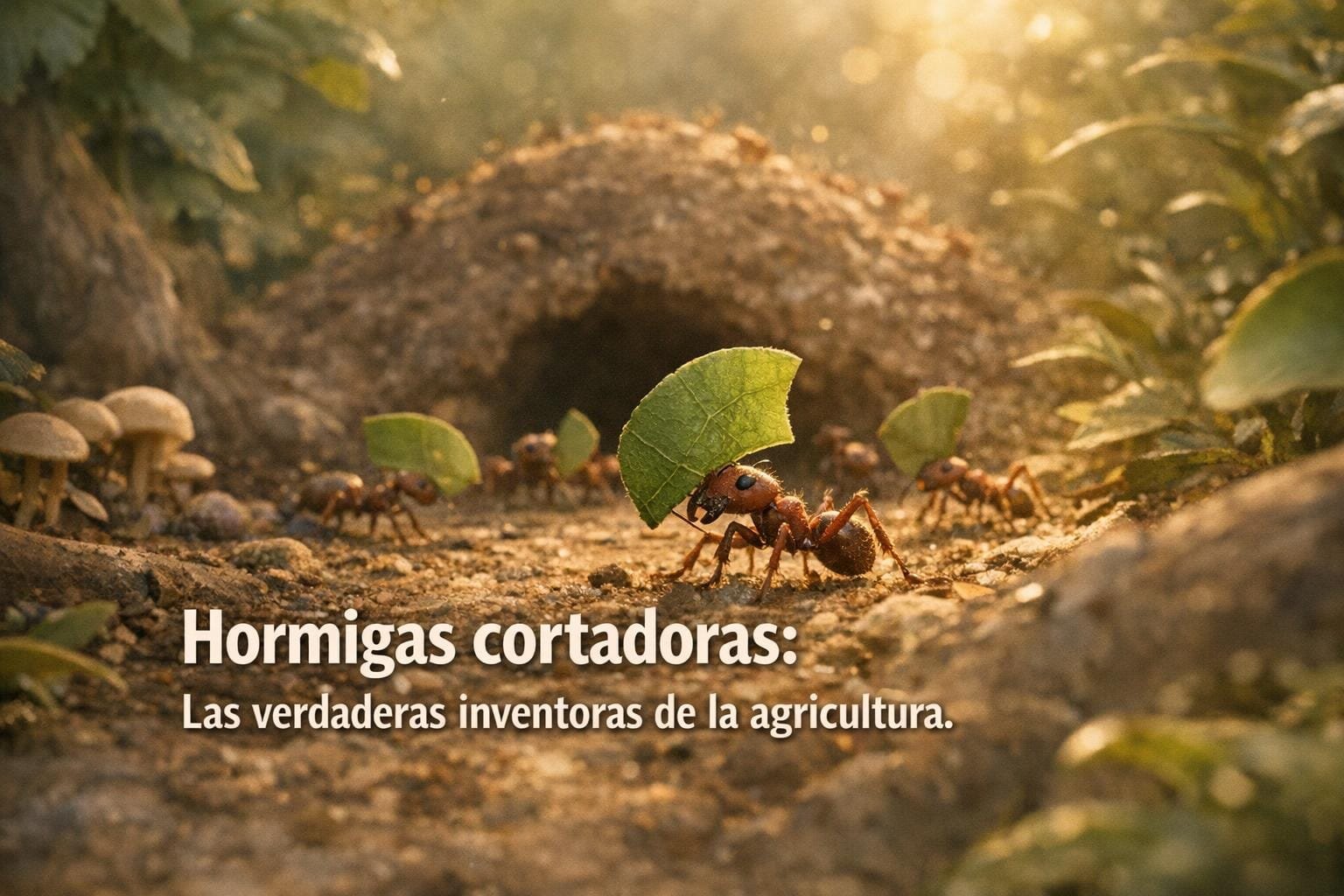 Imagen generada con IA para el artículo Hormigas Cortadoras: Pioneras de la Agricultura por Millones de Años