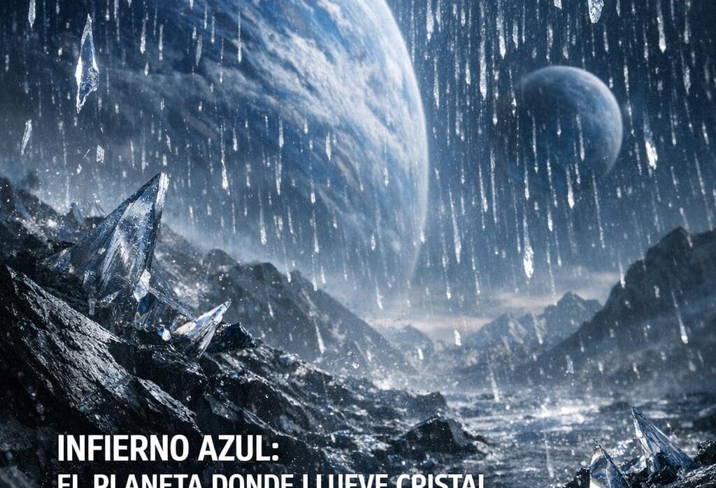 Imagen generada con IA para el artículo HD 189733b: El Planeta Azul Infernal con Lluvia de Cristal