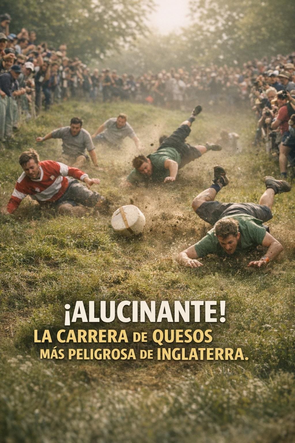 Imagen generada con IA para el artículo Cooper's Hill: ¡Alucinante! La Peligrosa Carrera de Quesos de Inglaterra