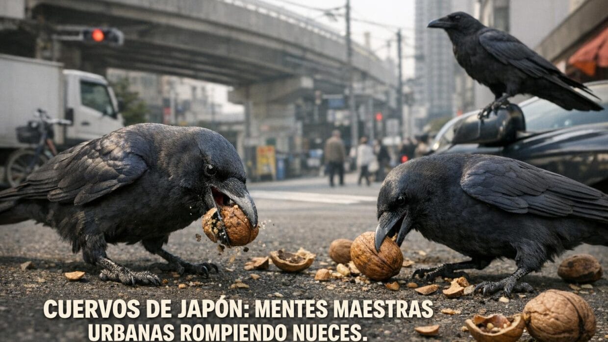 Imagen generada con IA para el artículo Cuervos de Japón: Increíble Inteligencia Urbana al Romper Nueces