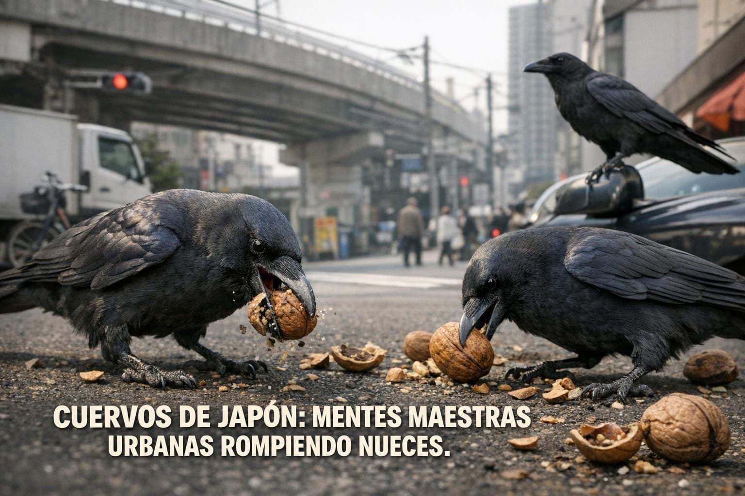 Imagen generada con IA para el artículo Cuervos de Japón: Increíble Inteligencia Urbana al Romper Nueces