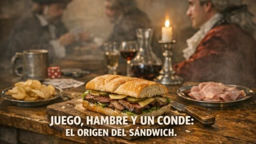 Imagen generada con IA para el artículo La Fascinante Historia del Sándwich: Un Conde, Juego y Hambre