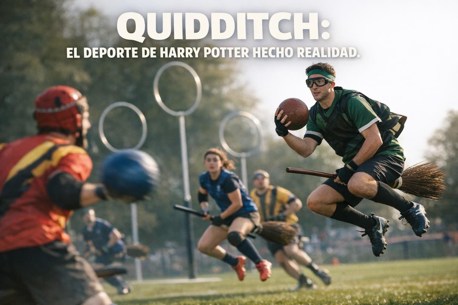 Imagen generada con IA para el artículo Quidditch Muggle: ¡El Asombroso Deporte Real de Harry Potter!