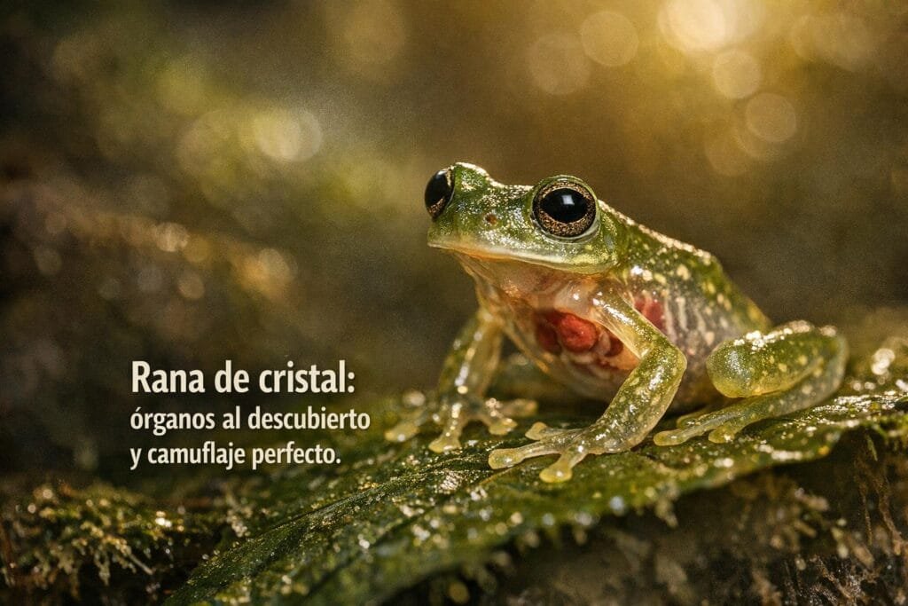Imagen generada con IA para el artículo La Increíble Rana de Cristal: Órganos Visibles y Camuflaje